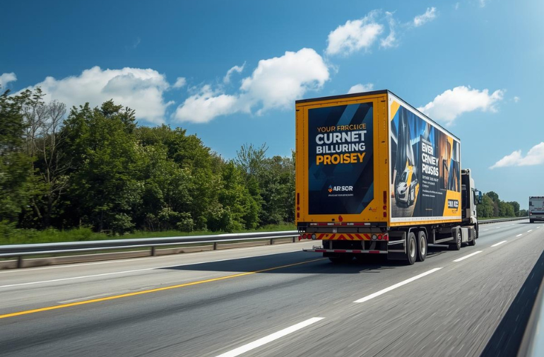 Mobile LED billboard truck driving through busy city street with digital advertising display