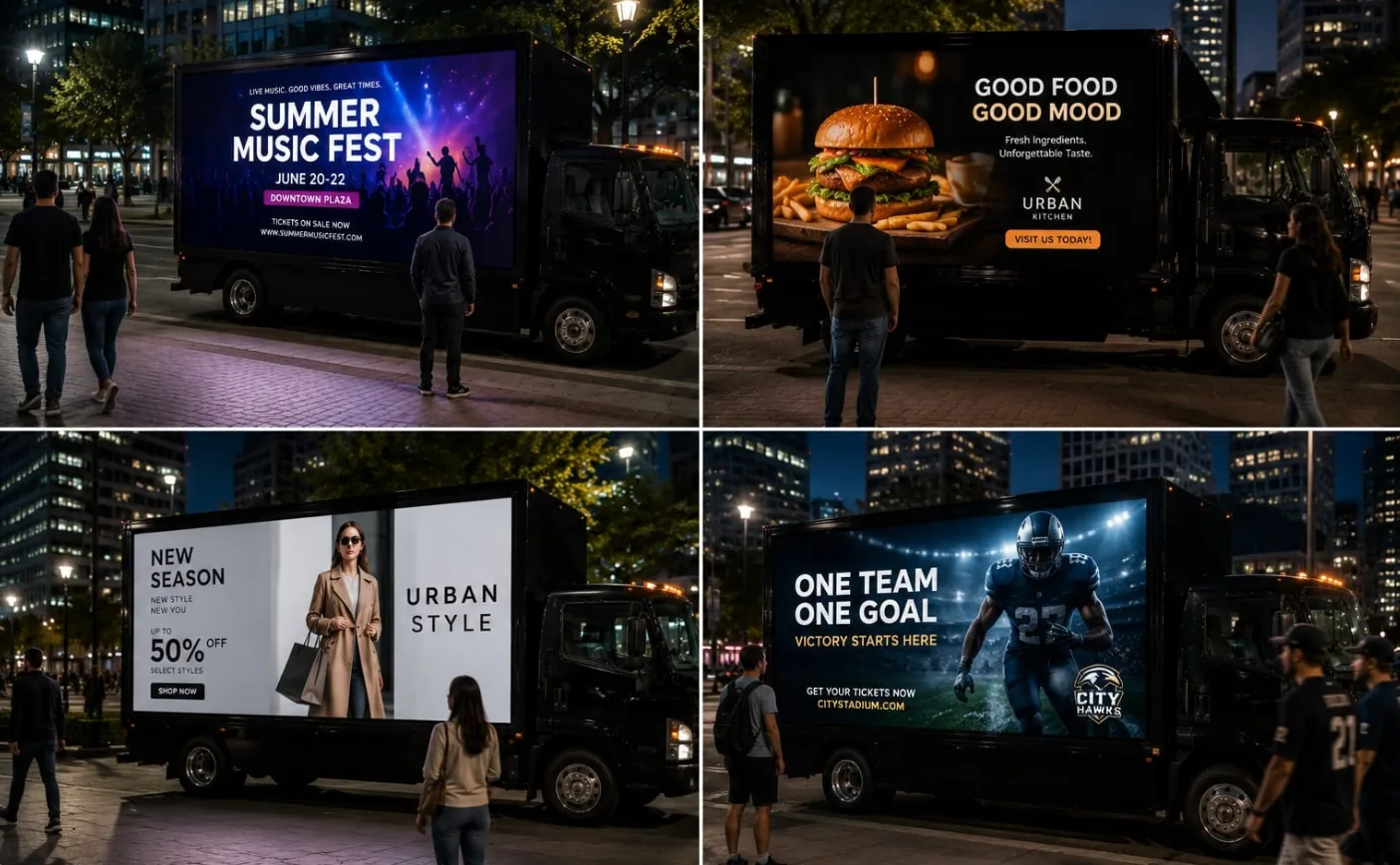 Mobile billboard truck with illuminated LED display glowing brightly at night