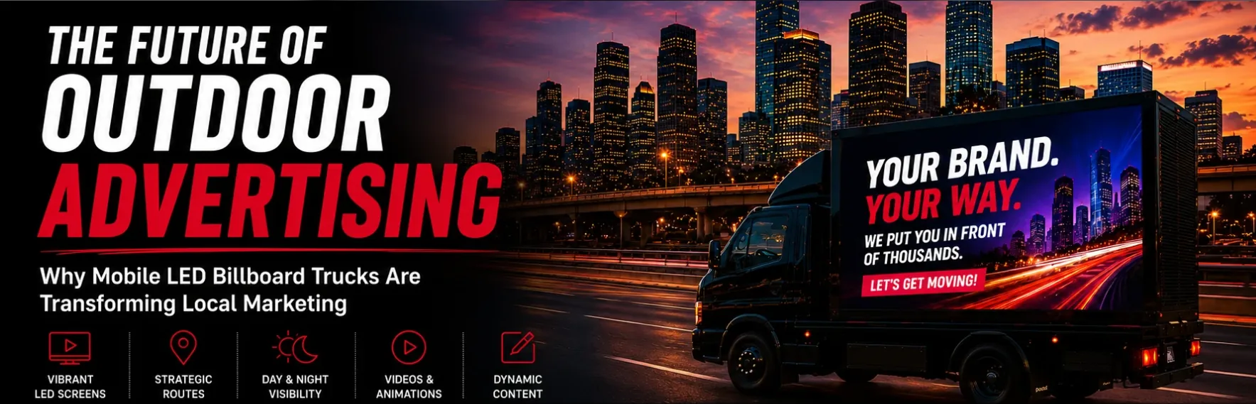 Mobile LED billboard truck with vibrant digital display driving past storefronts and pedestrians on a city street