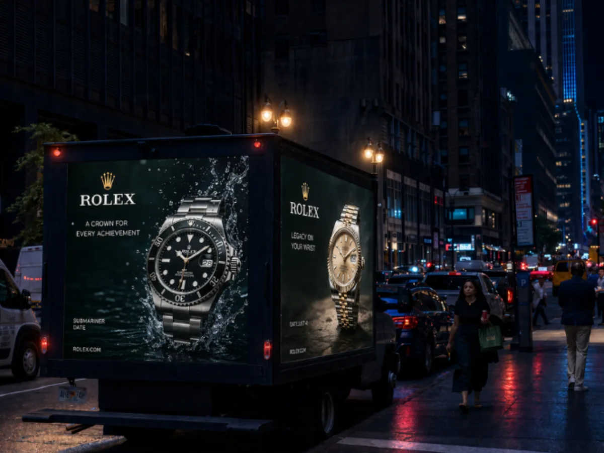 LED billboard truck displaying digital advertising on a city street